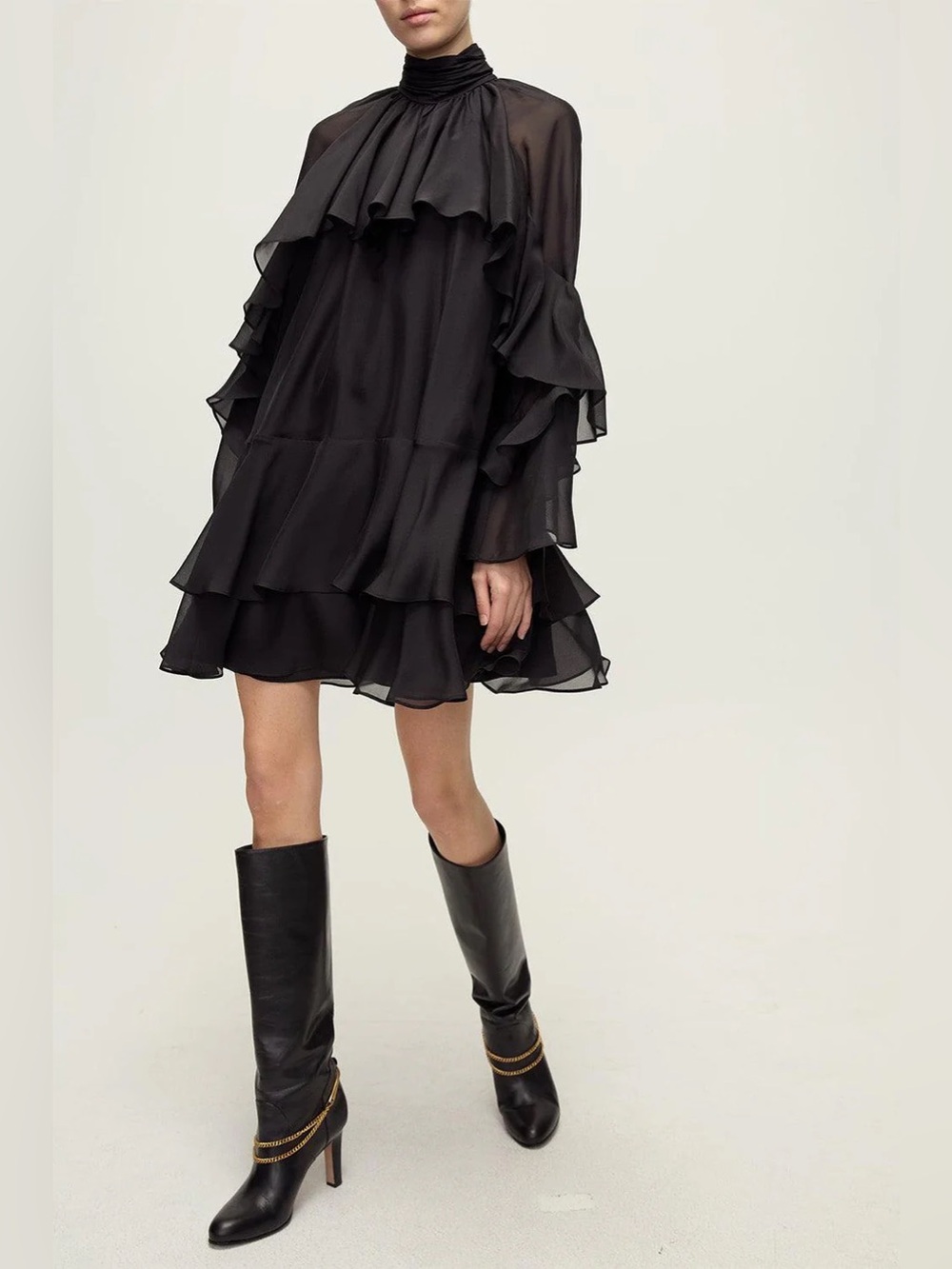 Veronica Beard 100% Silk Adlington Black Long-Sleeve Ruffled Mini Dress - 4